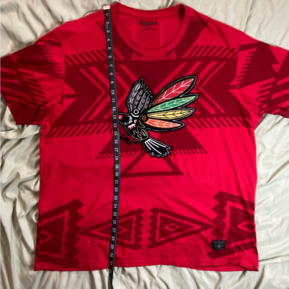 Men’s STAPLE T-Shirt, Size 3XL, Red Aztec Print, Chenille Bird Patch
